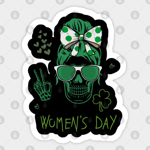 Womens St Patricks Day Skull Messy Bun Saint Pattys Paddys Women Sticker by Adam4you